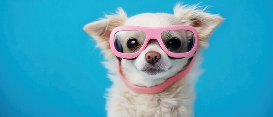 Adorable Chihuahua Puppy Wearing Pink Sunglasses on Blue Background