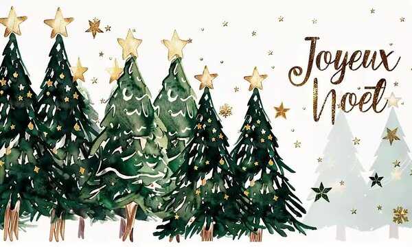 Sapins de No&euml;l aquarelle avec &eacute;toiles dor&eacute;es, texte 'Joyeux No&euml;l' en fran&ccedil;ais, ambiance festive et hivernale pour cartes de v&oelig;ux et d&eacute;corations des f&ecirc;tes