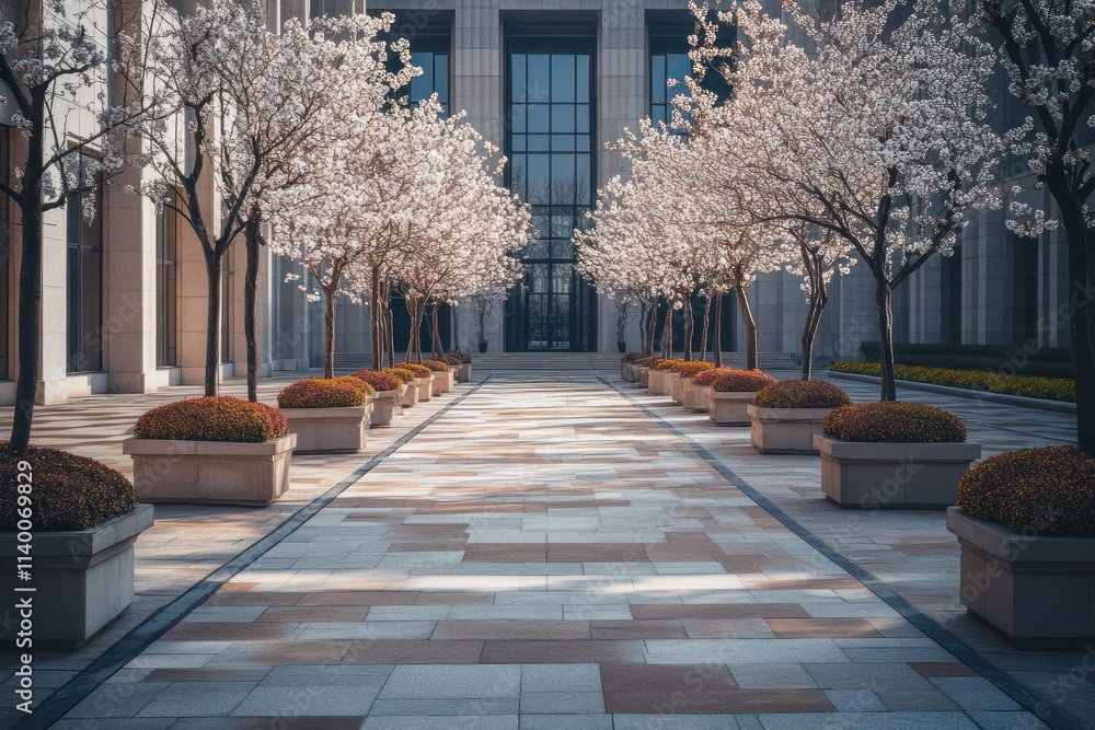 Poster A serene pathway lined with flowering trees and planters in an urban setting.