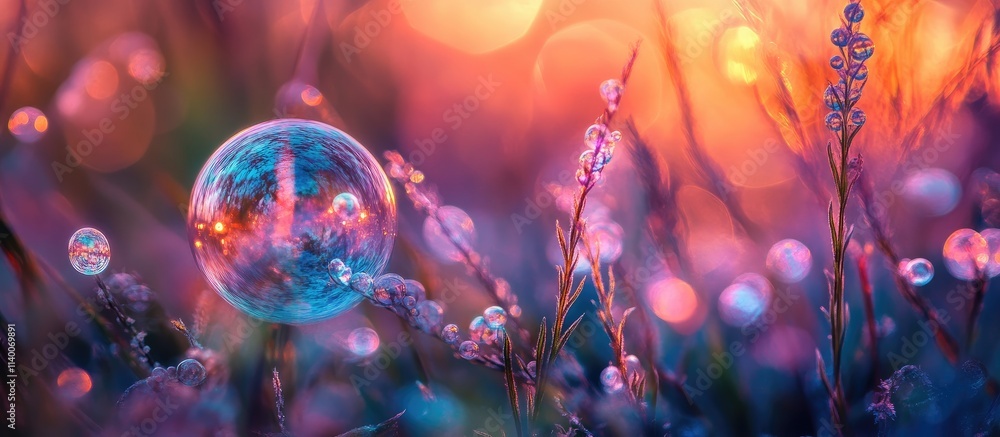 Poster Colorful bokeh orbs illuminated in a dreamy landscape with delicate grasses creating an enchanting vertical composition of natural light.