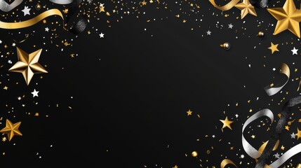 Christmas Background Festive Holiday Frame with Gold and Silver Stars on a Black Background
