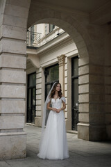 An Elegant Bride Wearing a Stunning Wedding Dress Strolling on a Charming City Street