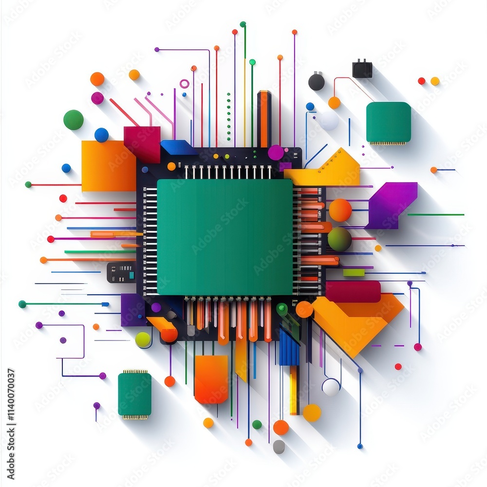 Poster Abstract Circuit Board with Colorful Geometric Shapes and Electronic Components Design