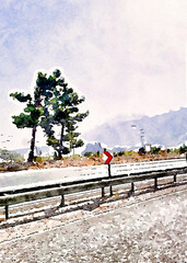 Fototapeta premium watercolor illustration rural road mountain background tree traffic sign guardrail