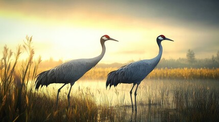 Obraz premium Cranes foraging in a serene meadow at sunrise with calm waters and tall grasses creating a tranquil natural setting