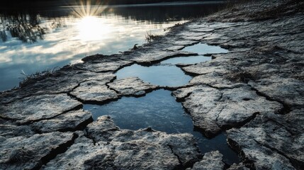 Cracked earth on lake shore with reflective water and sunlight backdrop showcasing drought effects and natural beauty
