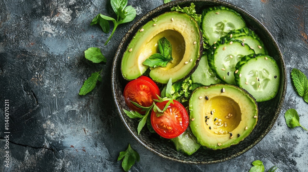 Aufkleber fresh avocado salad with sliced cucumbers and cherry tomatoes on a rustic background healthy eating 