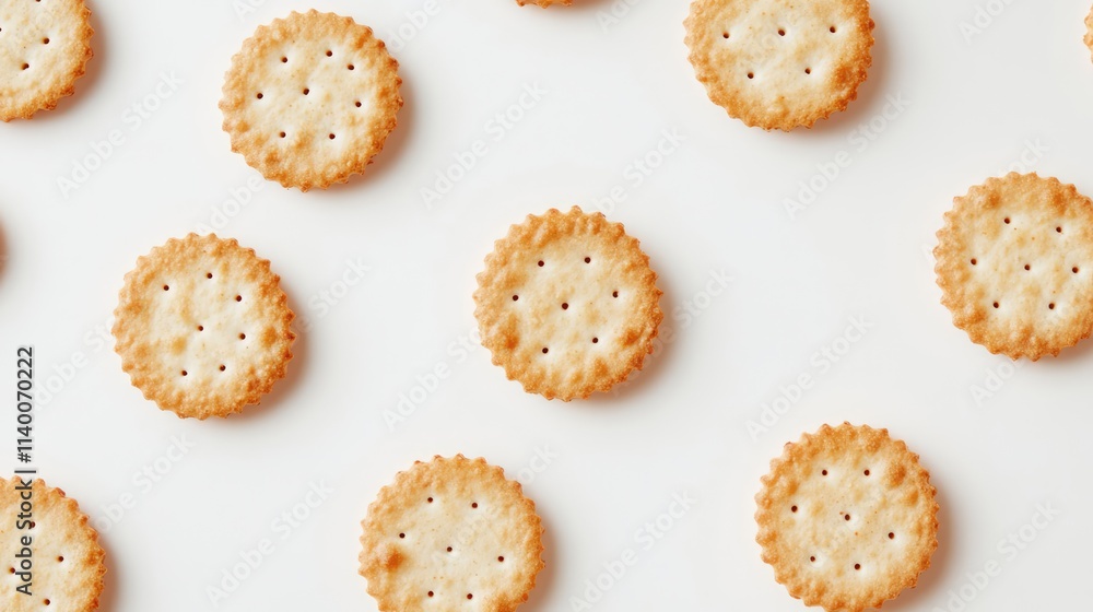 Poster assorted round crackers arranged on a white background creating a simple and clean visual composition ideal for food-related designs