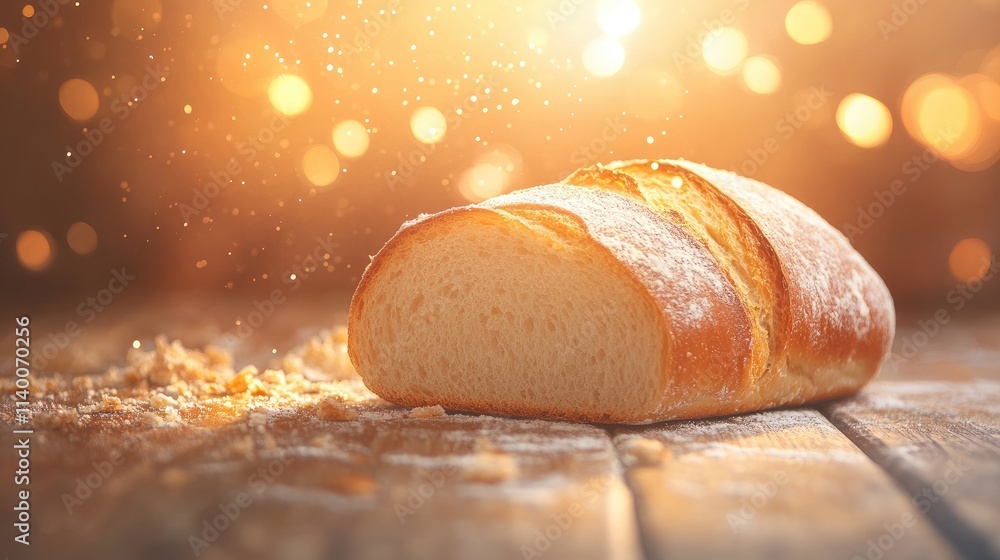 Poster freshly baked loaf of bread on wooden table with soft bokeh lighting creating a warm and inviting at