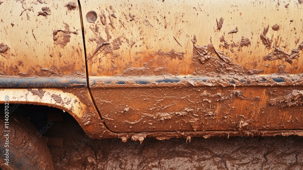 Poster abstract close-up of a muddy car body showcasing dirt patterns and textures on an off-road vehicle.