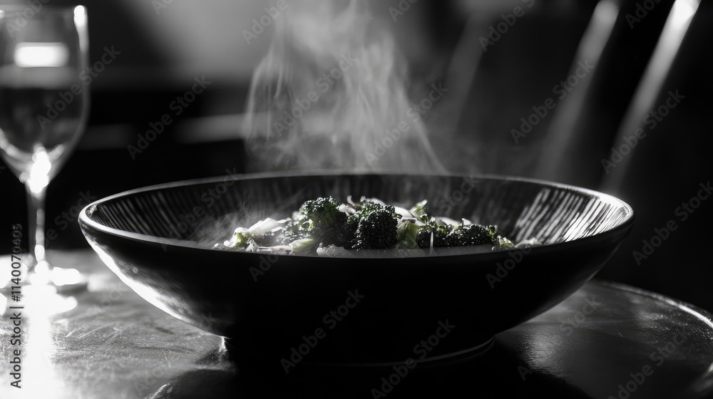 Poster steaming bowl of cooked broccoli in black and white with selective focus showcasing culinary eleganc