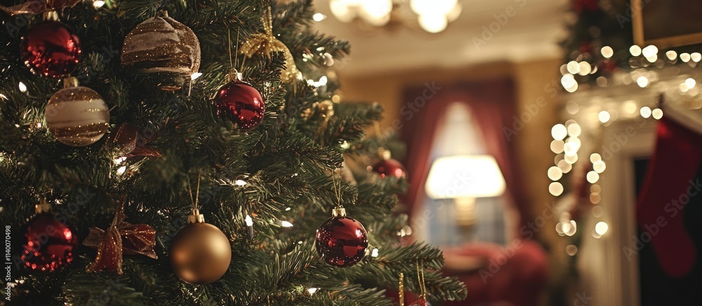 Poster elegant christmas tree adorned with ornaments and sparkling lights against a warm bokeh backdrop cre