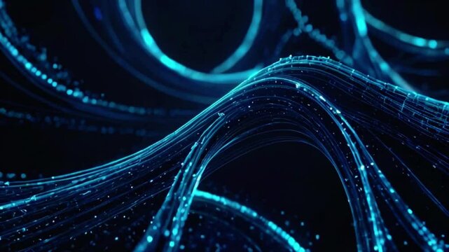 3d render. Abstract sci-fi bg with glow particles form curved lines, surfaces, hologram structures or virtual digital space. Deep blue motion desi, 4k High-Quality Wallpaper Background Animation Video