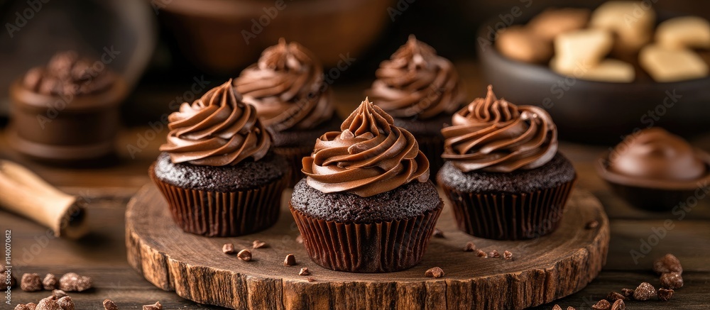 Aufkleber chocolate frosted cupcakes on rustic wooden table with decorative baking elements and soft lighting 