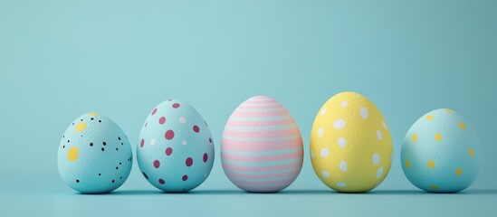 Colorful Easter eggs arranged in a line on a soft blue background for a festive and vibrant seasonal celebration image.