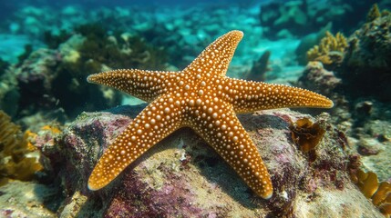 Underwater scene featuring a vibrant starfish resting on coral in a clear tropical ocean environment showcasing marine life diversity