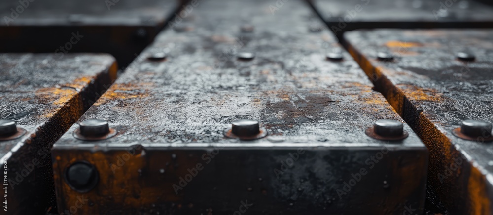 Poster Textured metal plate with rivets showing rust and moisture in a close-up perspective on an industrial surface.