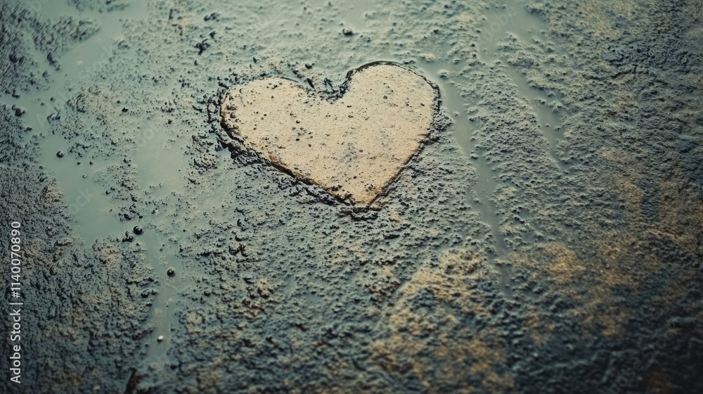 Poster Grungy wet cement wall background with heart shape design texture for creative projects and artistic backgrounds