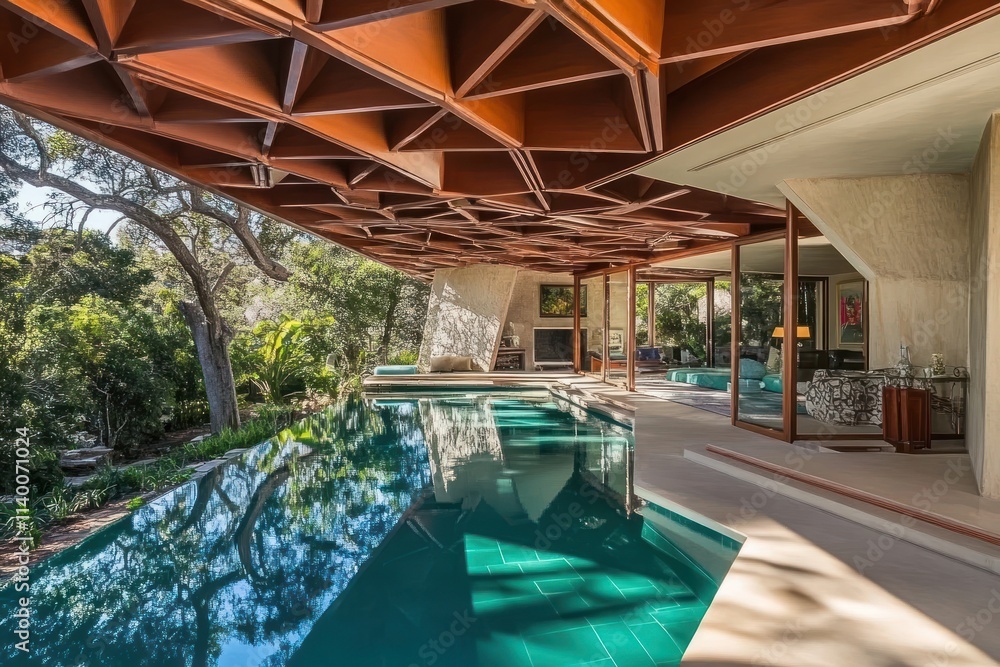 Poster modern architectural design featuring a pool and lush surroundings.