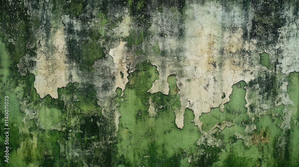 Poster Weathered green cement wall texture with peeling paint and rustic patterns ideal for backgrounds and design projects.