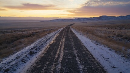 Naklejka premium Serene winter landscape featuring a dirt road leading through a snowy field at sunset with colorful skies and distant mountains.