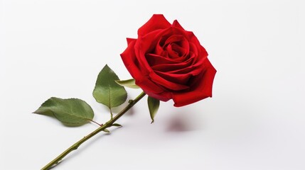 Fototapeta premium Elegant close-up of a single red rose with green leaves on a pristine white background symbolizing beauty and romance.