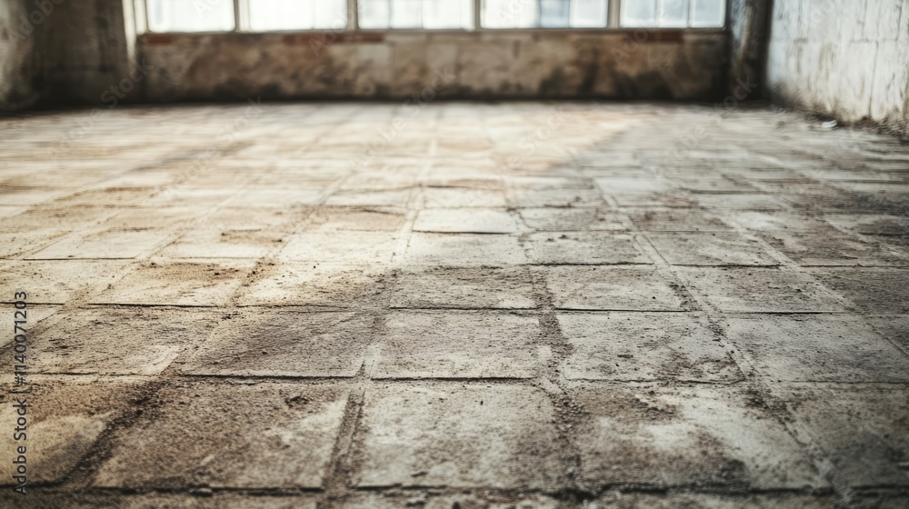 Poster Grungy textured cement floor with dirty tiles in an empty industrial space for use as a background or surface design element.