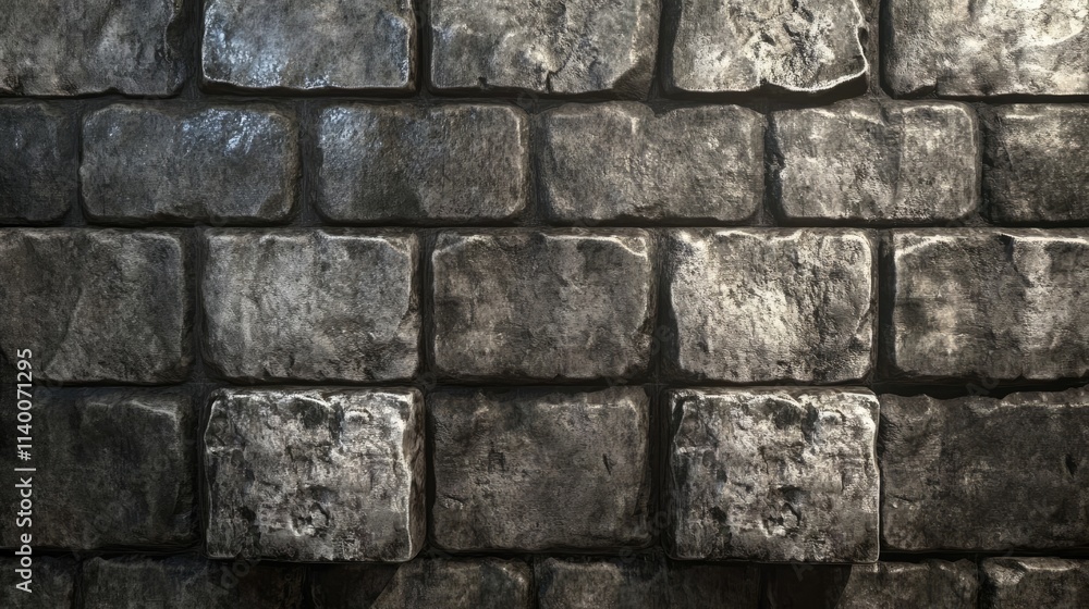 Poster Weathered stone wall texture with rough surface and dark shadows suitable for backgrounds and architectural designs