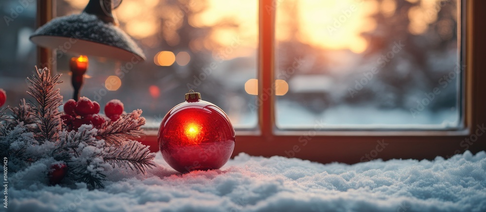 Poster snowy desk with red retro christmas ornament and lamp at sunset creating a warm festive ambiance and