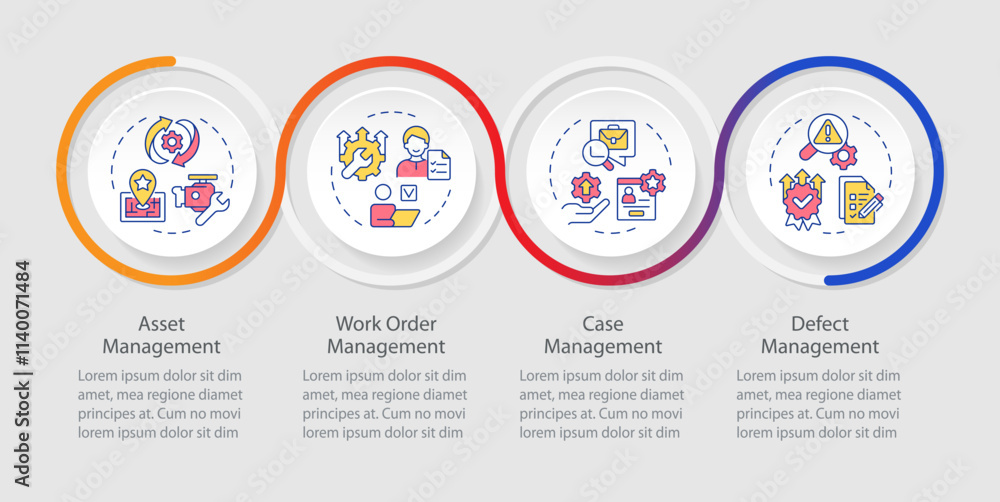 Poster core features of fsm systems infographics circles sequence. field service management. visualization 