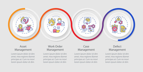 Core features of fsm systems infographics circles sequence. Field service management. Visualization layout with 5 steps. Info chart loop process presentation. Myriad Pro-Regular font used
