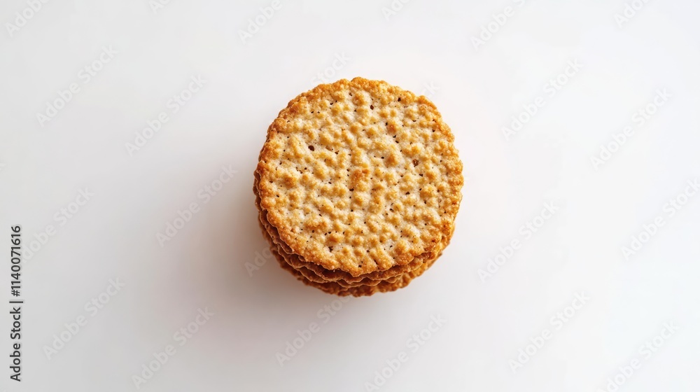 Poster stack of crunchy crackers arranged in a neat tower on a clean white background for a minimalist food