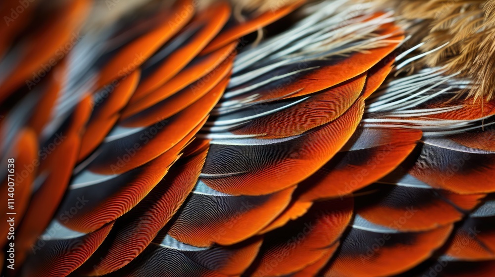 Poster macro view of vibrant pheasant feathers showcasing intricate patterns and textures in rich colors an