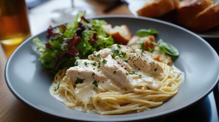 Creamy chicken pasta with basil salad and artisan bread served in a stylish plate for gourmet dining experience