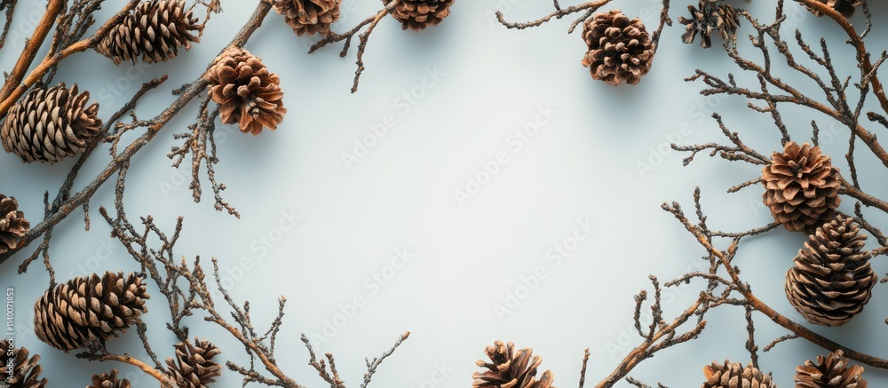 Poster nature inspired flat lay featuring branches and pinecones arranged in a circular frame on a soft blu