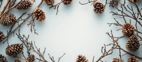 Nature inspired flat lay featuring branches and pinecones arranged in a circular frame on a soft blue background for creative designs