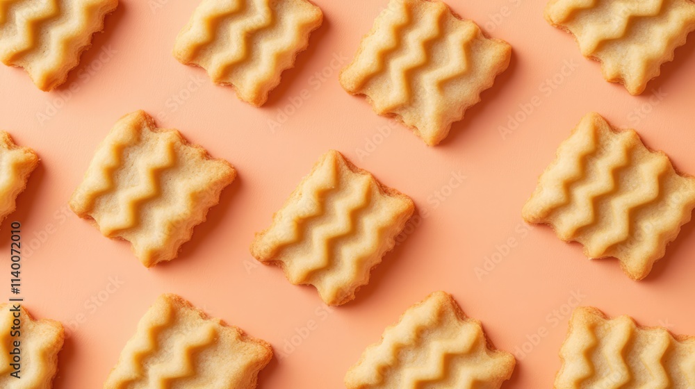 Poster zigzag patterned cracker cookies arranged on a peach background showcasing their texture and shape f
