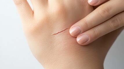 Close-up of a small scar on the back of the hand, symbolizing injury recovery and scar treatment concerns.