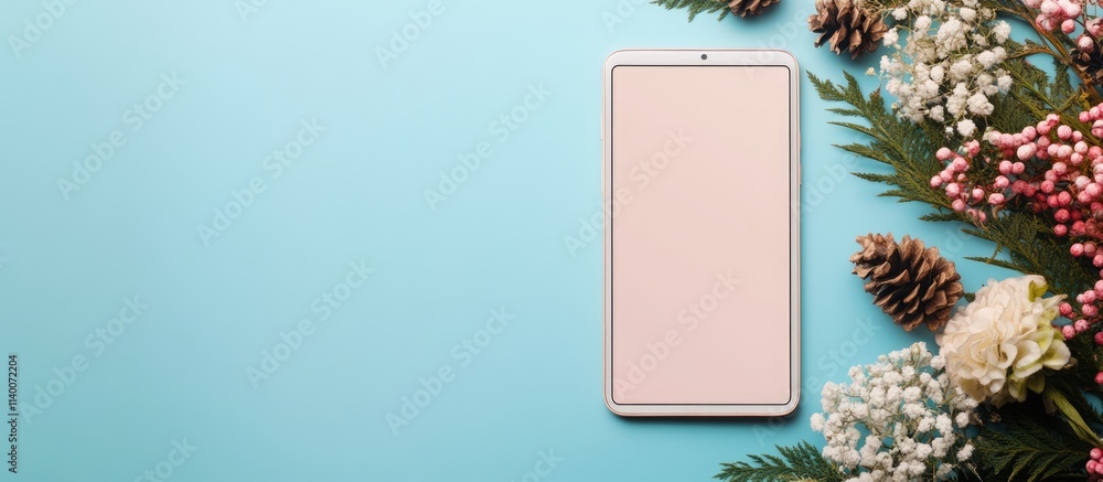 Poster elegant phone mockup with rustic decorations showcasing a blank design area ideal for online shoppin
