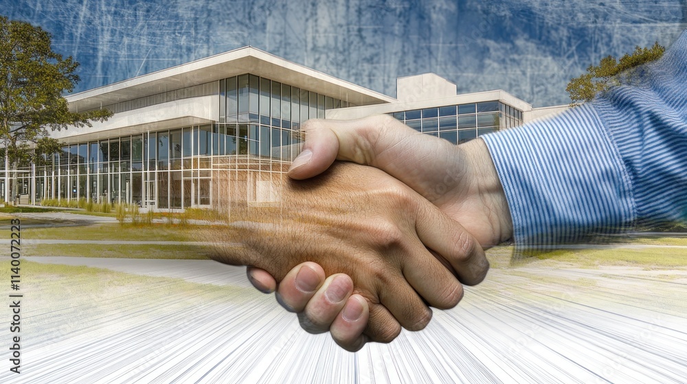 Poster a handshake in front of a modern building symbolizes partnership and collaboration.