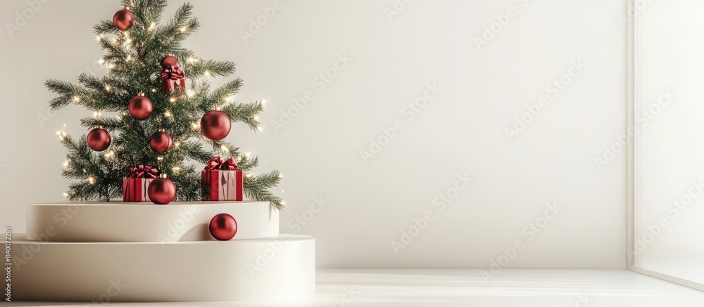 Poster elegant christmas tree with podiums and red ornaments in a minimalistic light backdrop for festive d