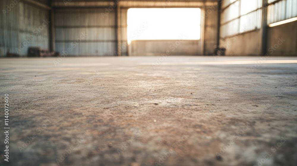 Poster Cement floor background showcasing gritty texture and industrial setting illuminated by natural light streaming through a large window
