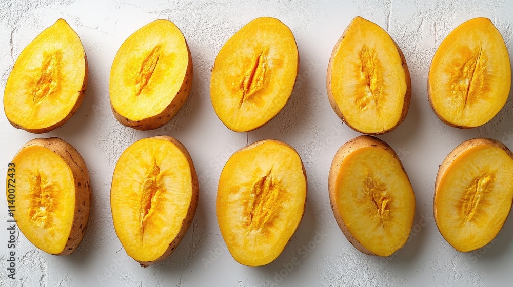 Aufkleber yellow sweet potatoes sliced in half arranged in a row over a white textured background top view com