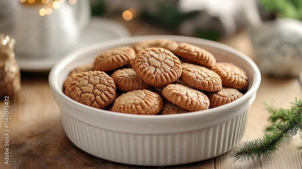 Poster bowl of freshly baked cookies arranged invitingly on a rustic wooden table with festive decorations 