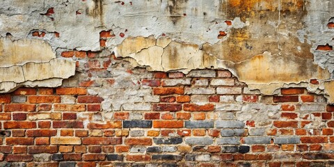 Aged Brick Wall with Peeling Plaster, Showing Time and Texture