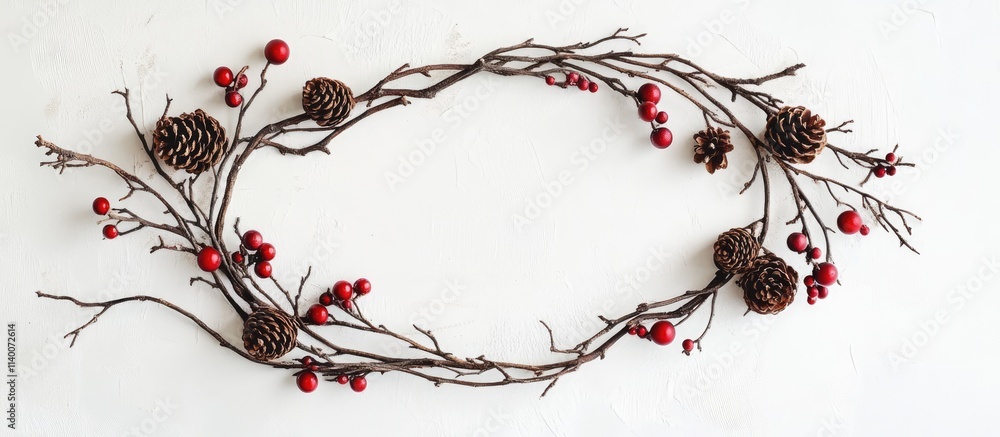 Poster natural frame of branches and pine cones with red decorations on white background showcasing bokeh e