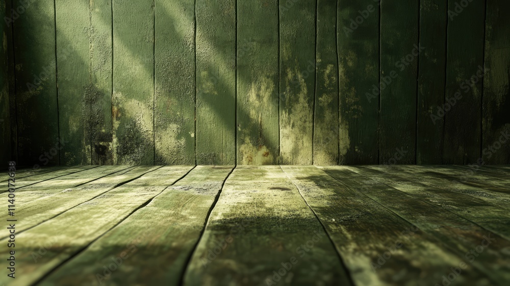 Poster textured green wooden planks interior with sunlight shadows creating a rustic, aged atmosphere for b
