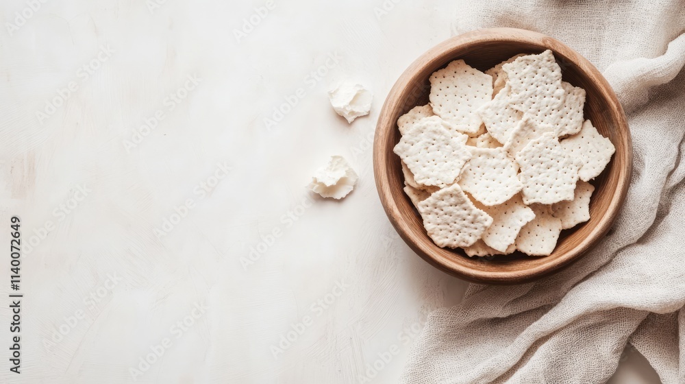 Poster crispy crackers in a wooden bowl on a light background with a rustic cloth adding texture to the com