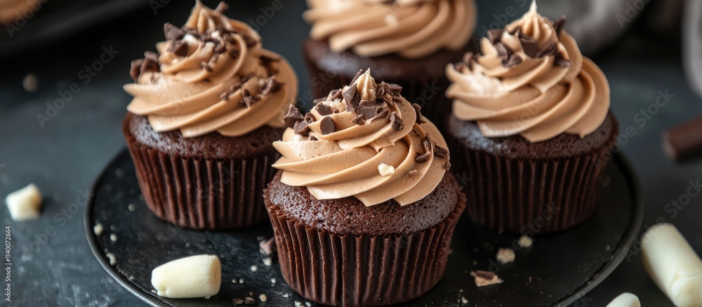 Poster decadent chocolate cupcakes with swirls of creamy frosting and chocolate shavings on a dark backgrou