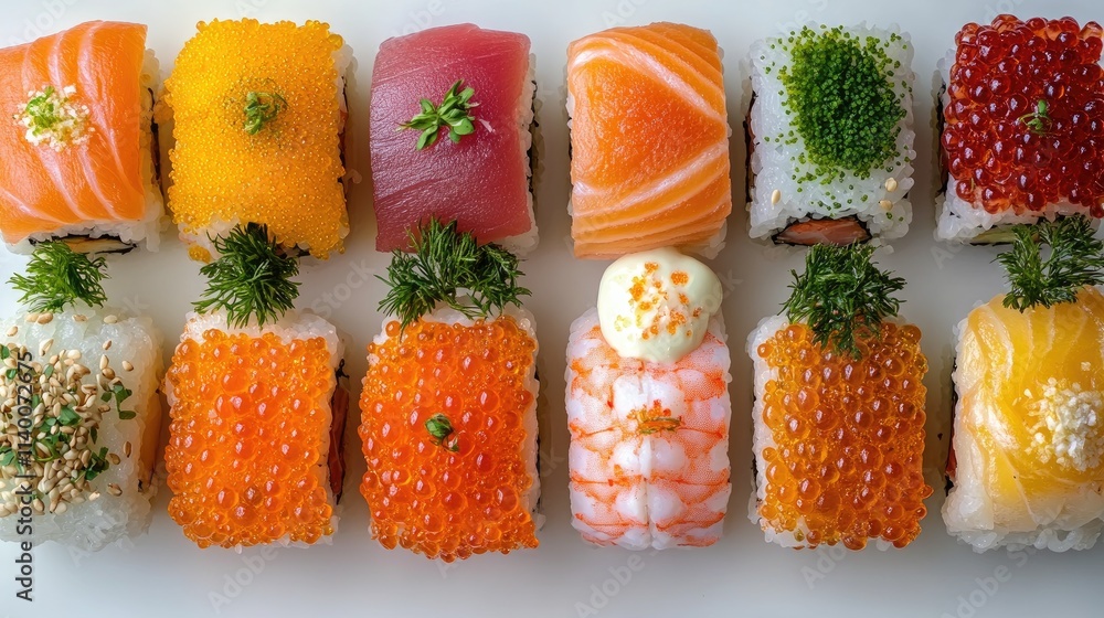 Poster colorful assortment of sushi rolls featuring various fish and cream toppings arranged neatly on a wh